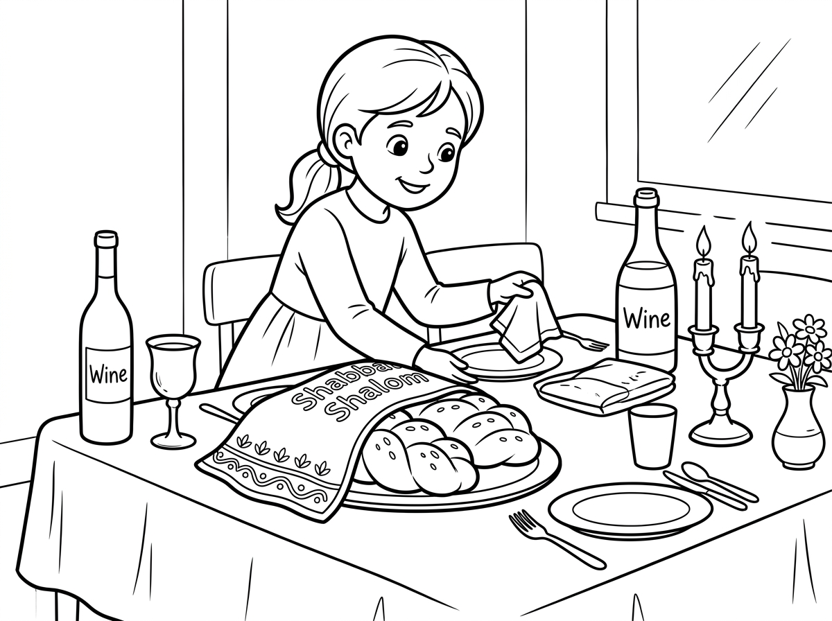 אשמח לציור של ילדה שעורכת שולחן שבת, עם חלות, יין, דביה. ו נרות שבת.