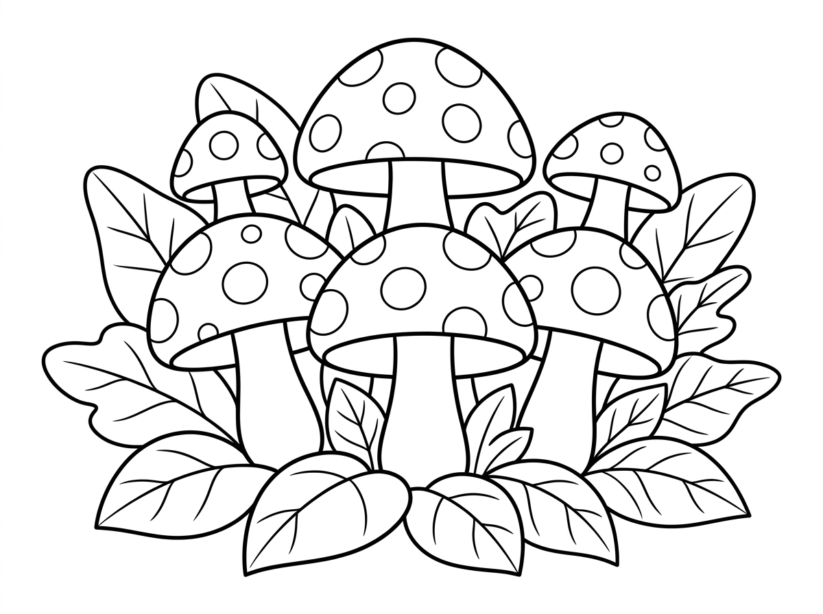 חמש פיטריות (גדולות) ומסביבם עלים (גדולים)