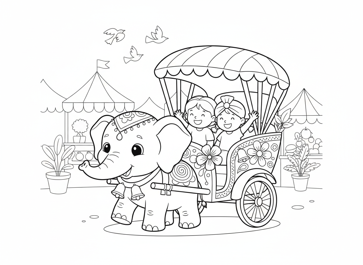 ריקשה שמושכת פיל ידידותי - ריקשה מקושטת שנמשכת בעדינות על ידי פיל קטן וחמוד, נוסעים מנופפים, פרחים ופעמונים מקשטים את הריקשה, סוכך צבעוני, דוגמאות הודיות, רחוב שוק, ציפורים עפות