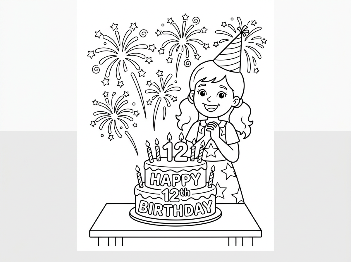 הכן לי דף צביעה של ילדה שחוגגת יום הולדת 12 עם עוגה יפה וזיקוקין