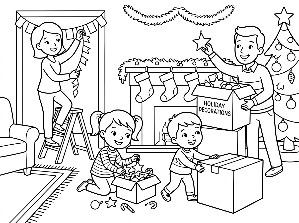 Kids helping parents preparing house for holyday