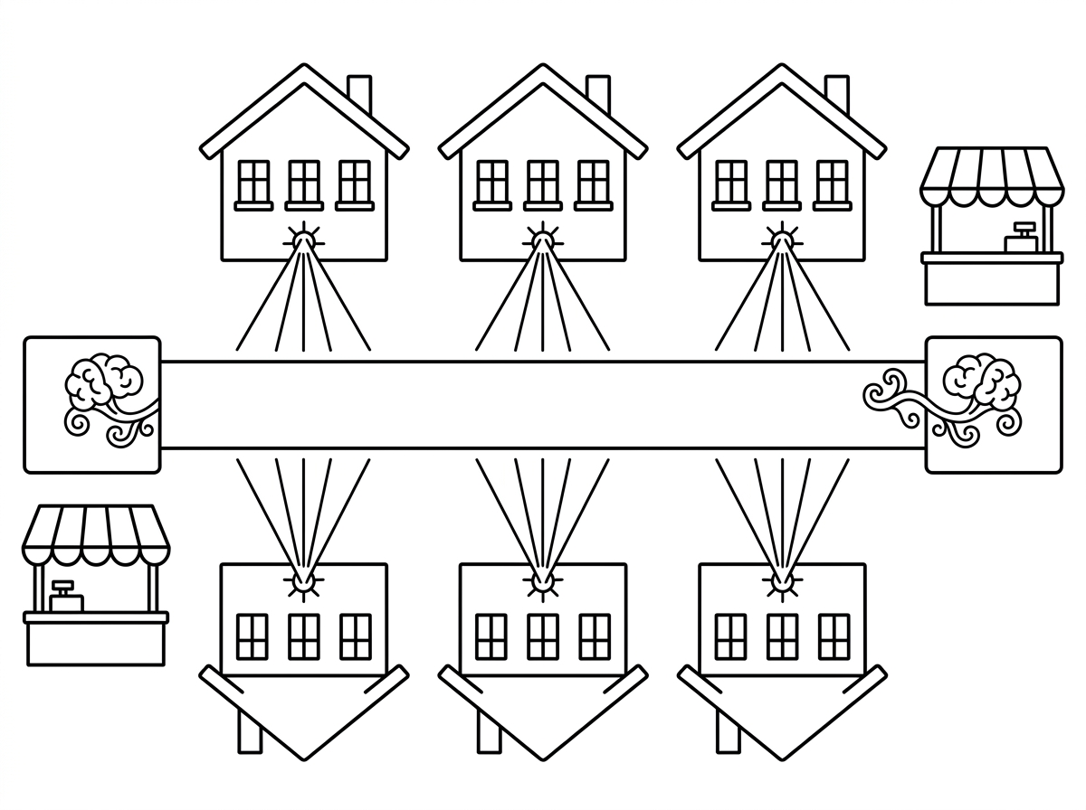 צור לי דף צביעה שבו מסלול ישר מצד ימין לצד שמאל. בתחילת המסלול, בצד ימין יש ריבוע שיוצא ממנו בריינרוט. בסוף המסלול, בצד שמאל יש גם ריבוע שנכנס אליו בריינרוט. בצידי המסלול, מלמעלה ומלמטה יש בתים. 3 בתים למעלה ו 3 בתים למטה. הבתים בלי דלת, עם לייזר שיוצא מתחתית כל בית. יש בכל בית 3 חלונות. בצד של כל מסלול (בצד ימין ובצד שמאל) יש חנות שנראית כמו דוכן בשוק.