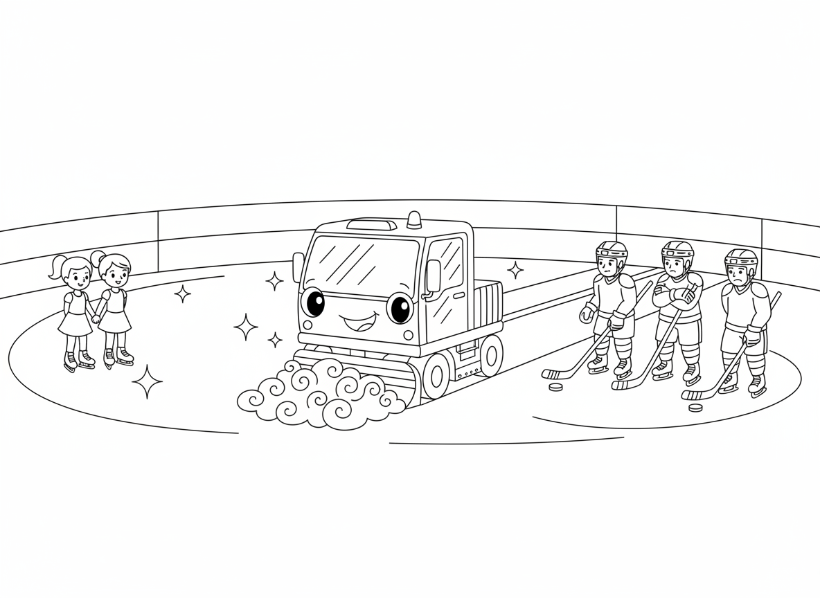 זמבוני מנקה את משטח ההחלקה - זמבוני עם פרצוף שמח מנקה משטח החלקה על קרח, קרח נקי ומבריק מאחוריו, גולשות אמנותיות ממתינות בצד, שחקני הוקי חסרי סבלנות, שבבי קרח נערמים, משטח נקי ונוצץ