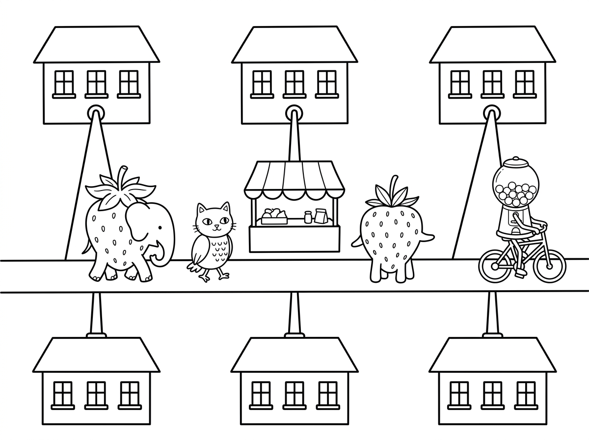 צריך לתקן- למחוק את הבריינרוט, החנות שדומה לדוכן בשוק צריכה להיות באמצע המסלול, מתחת לבית האמצעי שמעל המסלול ומעל הבית האמצעי שמתחת למסלול. במסלול עוברים פיל שהגוף שלו בצורת תות ומעל הראש יש לו עלה של תות, חתול שהגוף שלו הוא גוף של ינשוף ומכונת מסטיקים שנוסעת על אופניים.