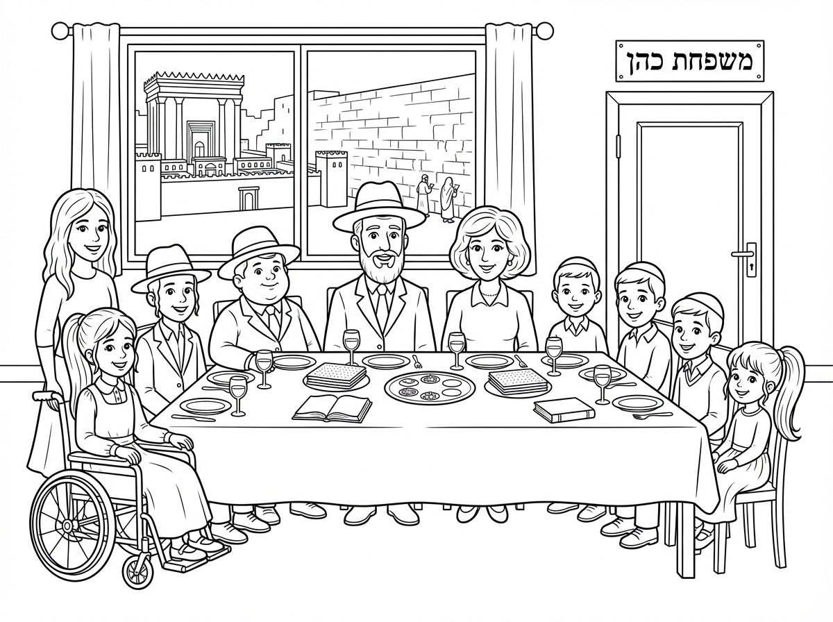 משפחה *בת 8 נפשות* בחורה בת 16 בחור עם כובע וחליפה בגיל 14 בחור נוסף בגיל 13 קצת שמנמן עם כובע וחליפה, ילדה נוספת עם חצאית בגד שבתי וקוקו ארוך על כסא גלגלים ו4 בנים נוספים בגיל 10 ובגיל 8  ובגיל 7 אבא עם כובע אמא עם פאה וילדה בגיל 4 שמנמונת עם בגד שבתית, וקוקו ארוך, יושבים בליל הסדר עם חלון שברקע נראה בית המקדש והכותל המערבי, בצד השני של הסלון רואים את הדלת שכתוב עליה משפחת כהן