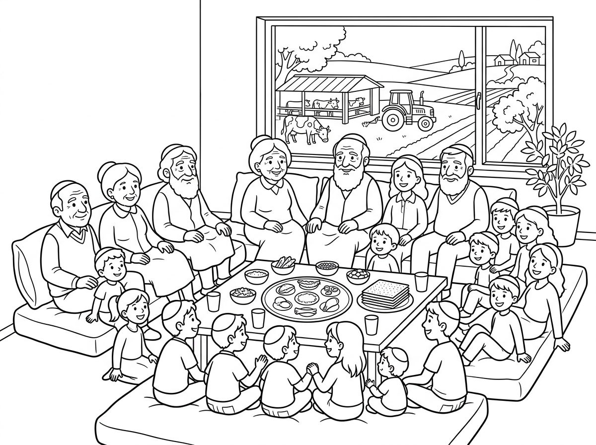 דף צביעה של משפחה גדולה יושבת בסלון על מזרנים ליד הקיר במרכז הסלון שולחן נמוך עם קערת ליל הסדר 6 אנשים מבוגרים, סבא סבתא זקניך מאוד ו20 נכדים בגלאיים 20-2 מהחלון נראה מושב עם רפת וטרקטור