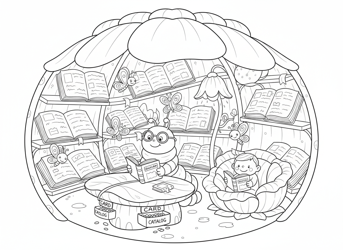 ספריית פרחים עם דפי עלי כותרת - ספרייה מפנקת בתוך פרח ענק, מדפי ספרים מגבעולים, ספרים עם דפי עלי כותרת, פינת קריאה בתוך ורד, זחל ספרן, סימניות פרפרים, מנורה מפרח זוהר, קטלוג כרטיסי זרעים