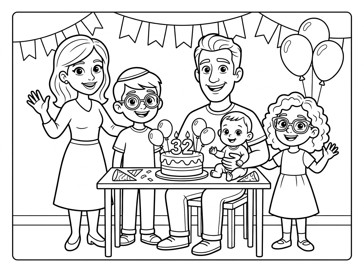 תצייר  דמויות של משפחה של 5 אנשים הורים, אח גדול עם משקפיים וכיפה, אחות עם שיער מתולתל ומשקפיים בשמלה ותינוקת חוגגים יום הולדת לאבא יום הולדת 32 בסגנון מצויר של פיקסאר שיהיה מסביב פריטים של יום הולדת כמו עוגה קישוטים ובלונים בקווים פשוטים לילדים קטנים. שים לב שיהיו רק 5 דמויות
