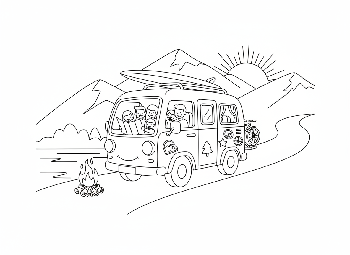 הרפתקת טיול בקרוואן - קרוואן צבעוני בטיול כבישים דרך הרים, גלשן על הגג, אופניים מאחור, משפחה מסתכלת על מפה, מדורה מוכנה בקרבת מקום, נוף אגם, הרים, שקיעה, מדבקות הרפתקאות על הקרוואן