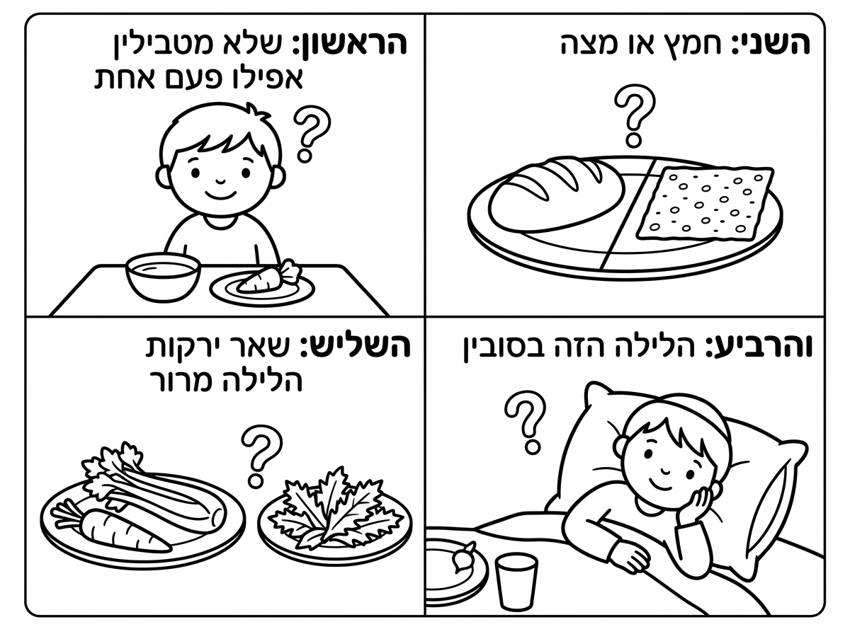 אני צריכה דף צביעה של ארבעת הקושיות 
הראשון שלא מטבילין אפילו פעם אחת 
השני חמץ או מצה
השלישי שאר ירקות הלילה מרור
והרביעי הלילה הזה בסובין