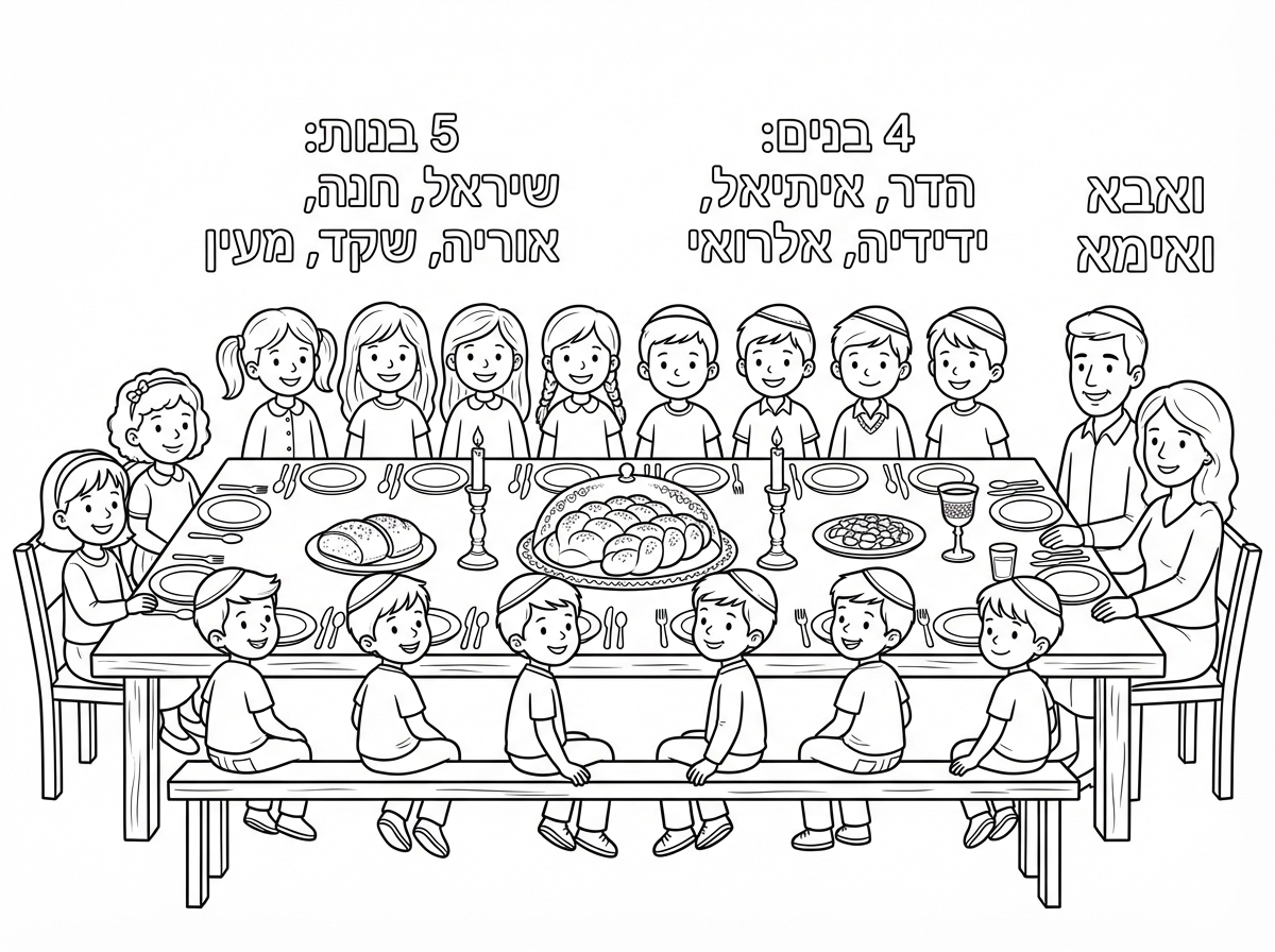 צור תמונה של שולחן שבת ל12 סועדים
עם נרות שבת,  חלות ויין
שהבנות יהיו בלי כיפה.
מעל כל ילד יהיה כתוב-
5 בנות: 
שיראל 
חנה
אוריה
שקד
מעין
4 בנים:
הדר 
 איתיאל 
ידידיה 
אלרואי 
ואבא ואימא