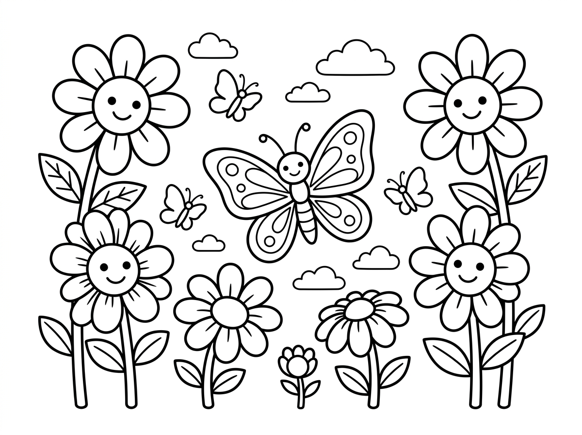 דף צביעה אביבי פרחי  אביב, פרפרים
