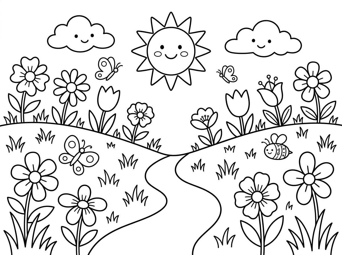 פרחי אביב צבעוניים ומרחבים של דשא ירוק