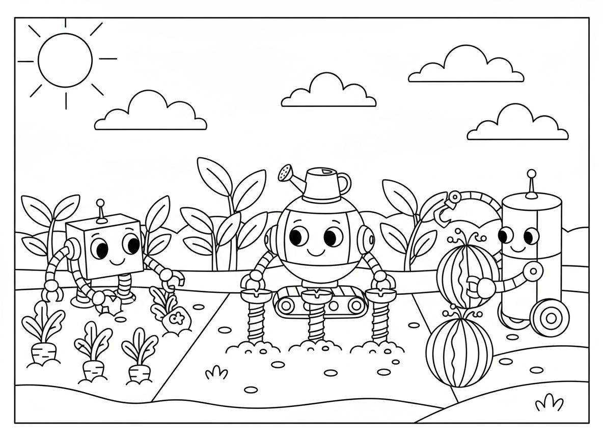 גן ירק של רובוטים
רובוטים שותלים ברגים, מגדלים גזר בצורת מפתח ברגים, וקוצרים אבטיחים עם אנטנות.