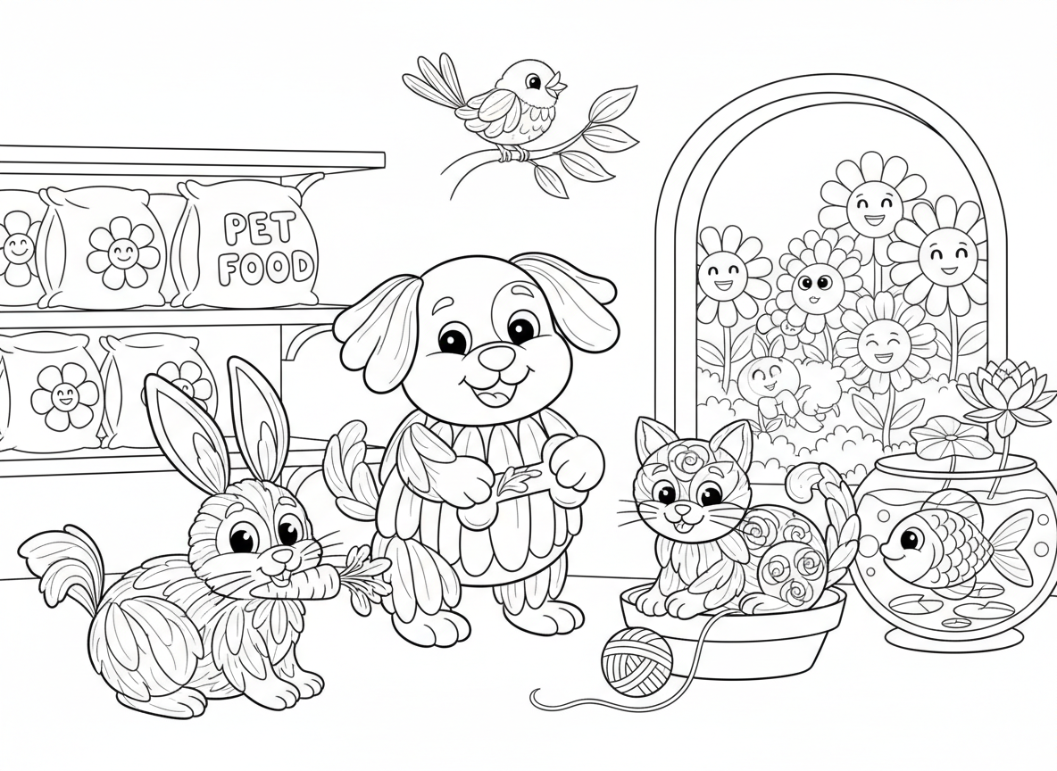 חנות חיות מחמד מפרחים - חנות חיות מוכרת חיות מחמד פרחים, גור עשוי חינניות, חתלתול עשוי ורדים, ארנב עשוי צבעונים, ציפור עשויה סחלבים, דג עשוי שושנות מים, מזון חיות פרחים משקי זרעים