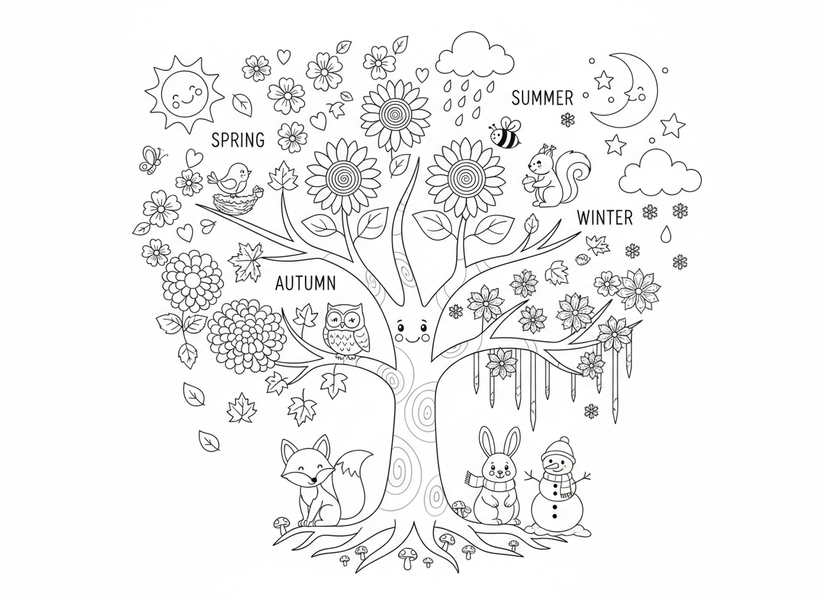 עץ פרחים ארבע עונות - עץ קסום אחד מחולק לארבעה חלקים שמראים את כל העונות, פריחת אביב, חמניות קיץ, חרציות סתיו, פרחי כפור חורף, חיות שונות בכל עונה, שמש וירח וגשם ושלג