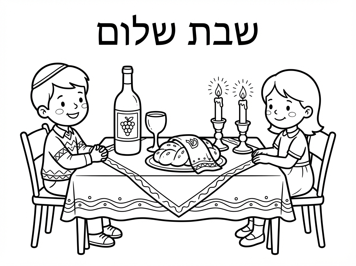 צור דף צביעה של סמלי השבת- שולחן עם מפה, יין וגביע לקידוש, חלה מכוסה במפית ונרות שבת. ליד השולחן יושבים זה מול זה ילד וילדה שהם מקבלי השבת בגן הילדים. כתוב למעלה כותרת " שבת שלום"