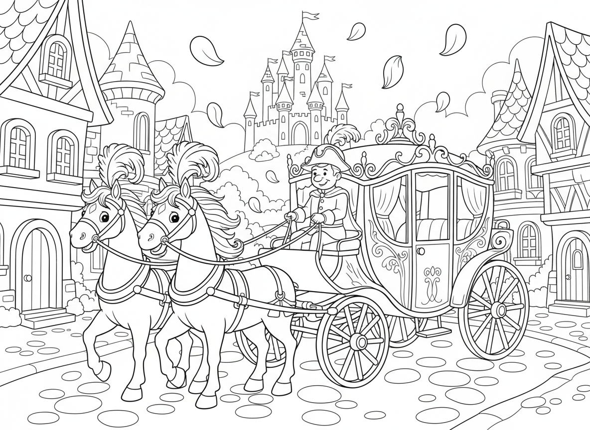 כרכרה רתומה לסוסים בעיירת אגדות - כרכרה אלגנטית רתומה לסוסים דוהרת בעיירת אגדות, שני סוסים לבנים עם נוצות, עגלון בתלבושת מהודרת, רחוב אבני ריצוף, בניינים ימי-ביניימיים, טירה על גבעה, עלי כותרת נזרקים