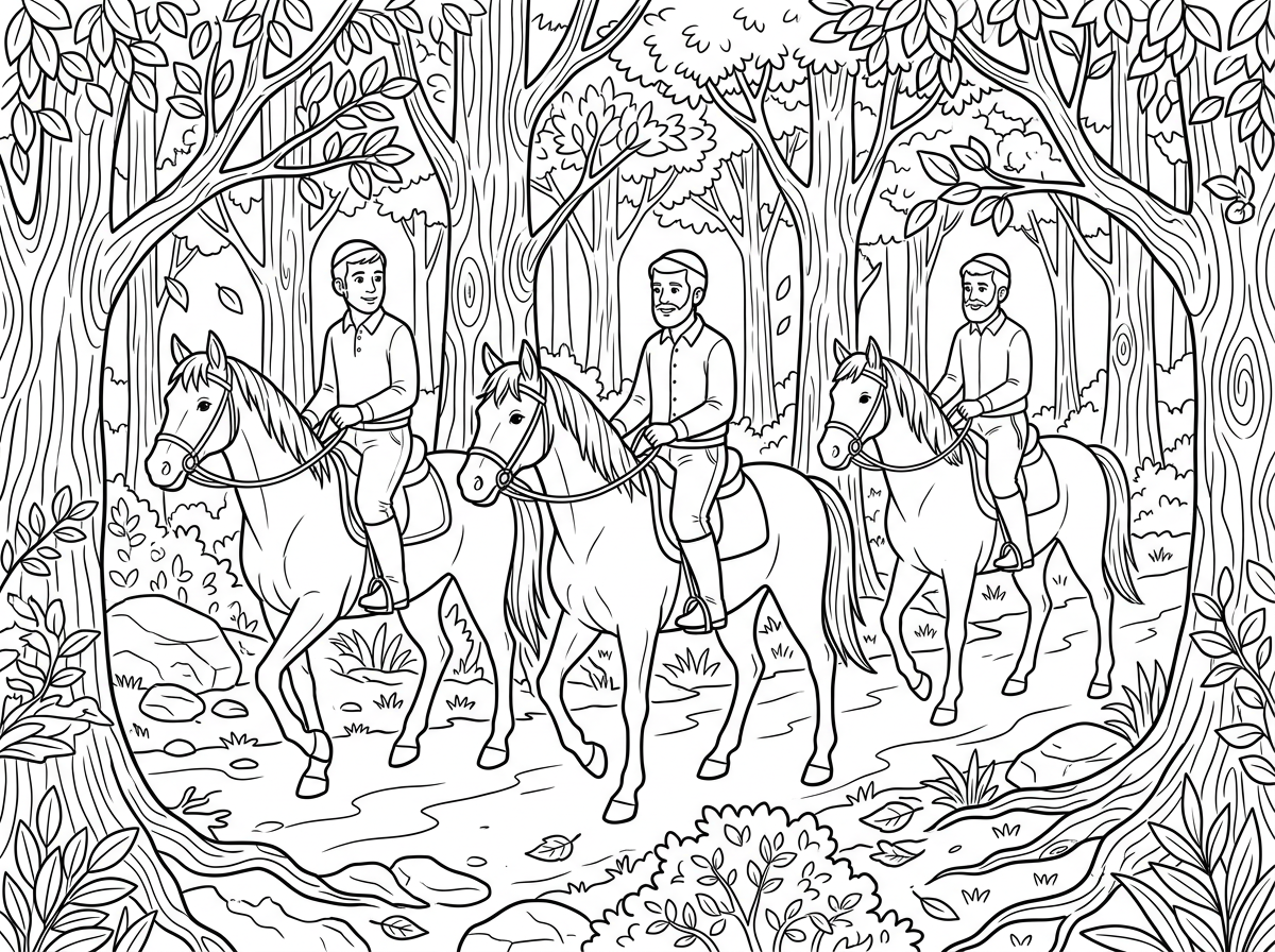 רוצה אנשים רוכבים על סוסים  ביער בלי נשים עם הרבה פרטים ושהאנשים עם כיפה