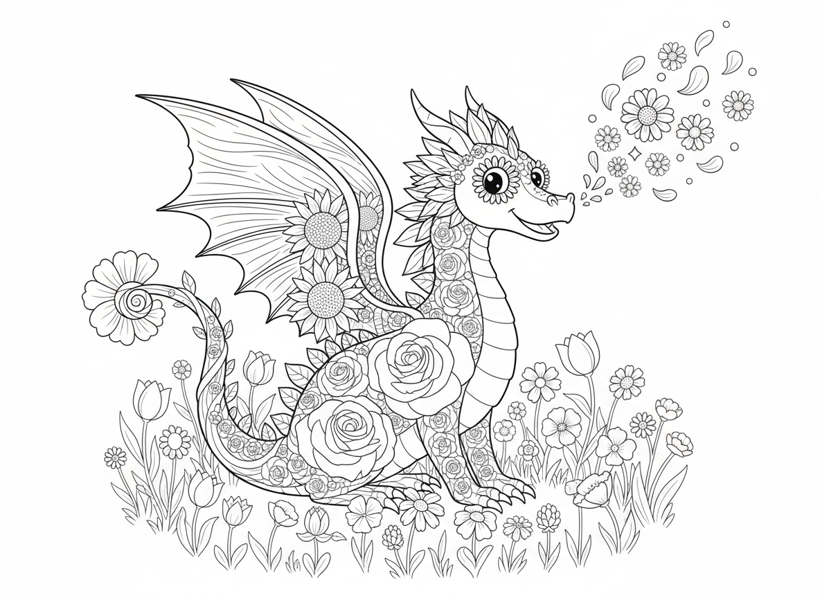 דרקון פרחים - דרקון ידידותי עשוי כולו מפרחים, גוף ורדים, כנפי עלי כותרת, זנב גפנים, עיני חינניות, נושף עלי כותרת במקום אש, קוצי חמנייה על הגב, יושב באחו פרחים