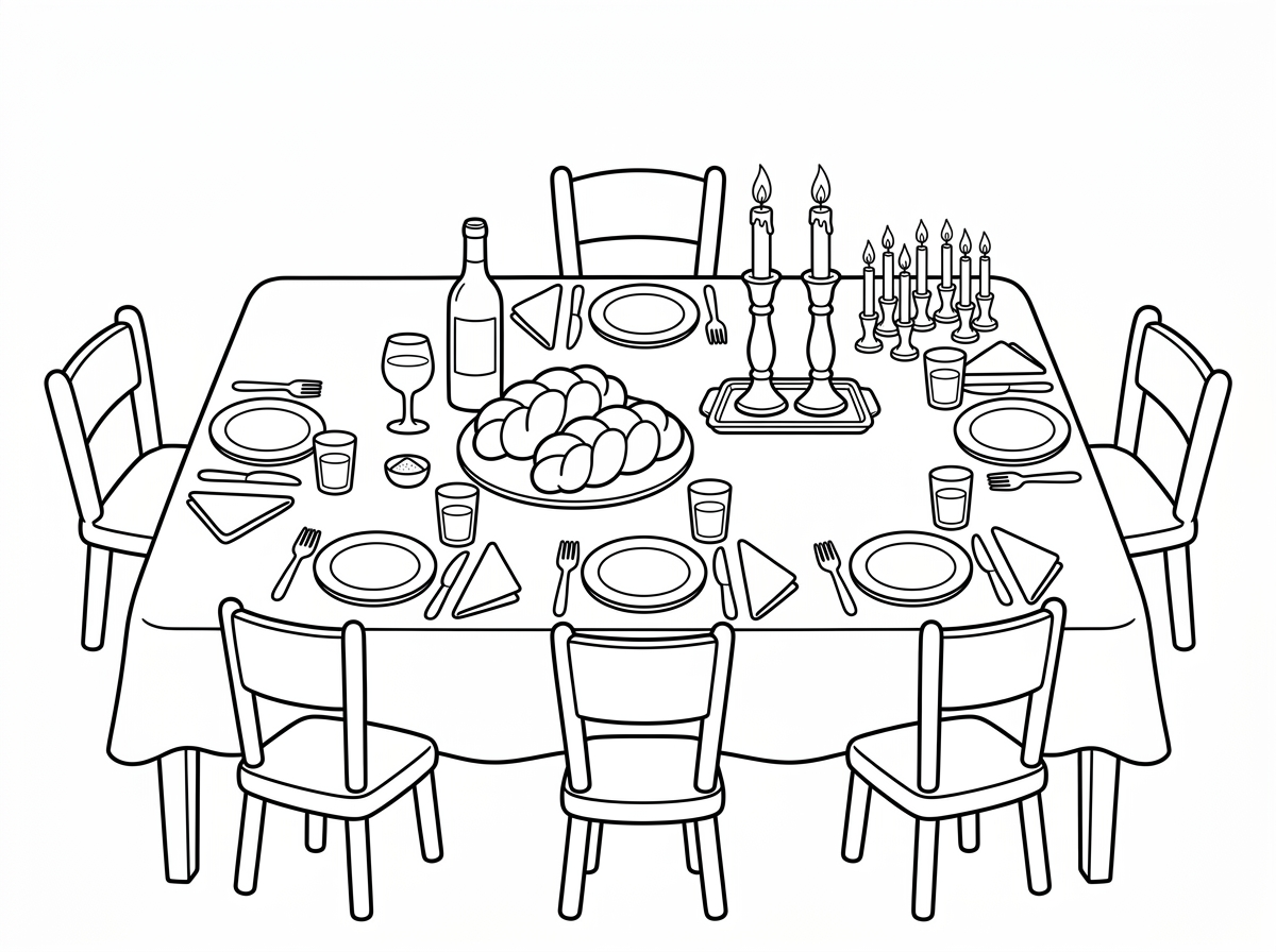 בוקר
טוב
תיצור לי בבקשה איור של 
שולחן שבת
במרכזו מפה ושתי חלות קלועות מתחתיה
בקבוק יין 
גביע ללא רגל
צלוחית למלח

סביב השולחן 7 כיסאות
ליד כל כיסא ישנה צלחת, מזלג, סכין, כוס ומפית 

על השולחן יש מגש ועליו שתי פמוטים זהים גבוהים 
ולידם שש פמוטים קטנים
על כל פמוט דולק נר