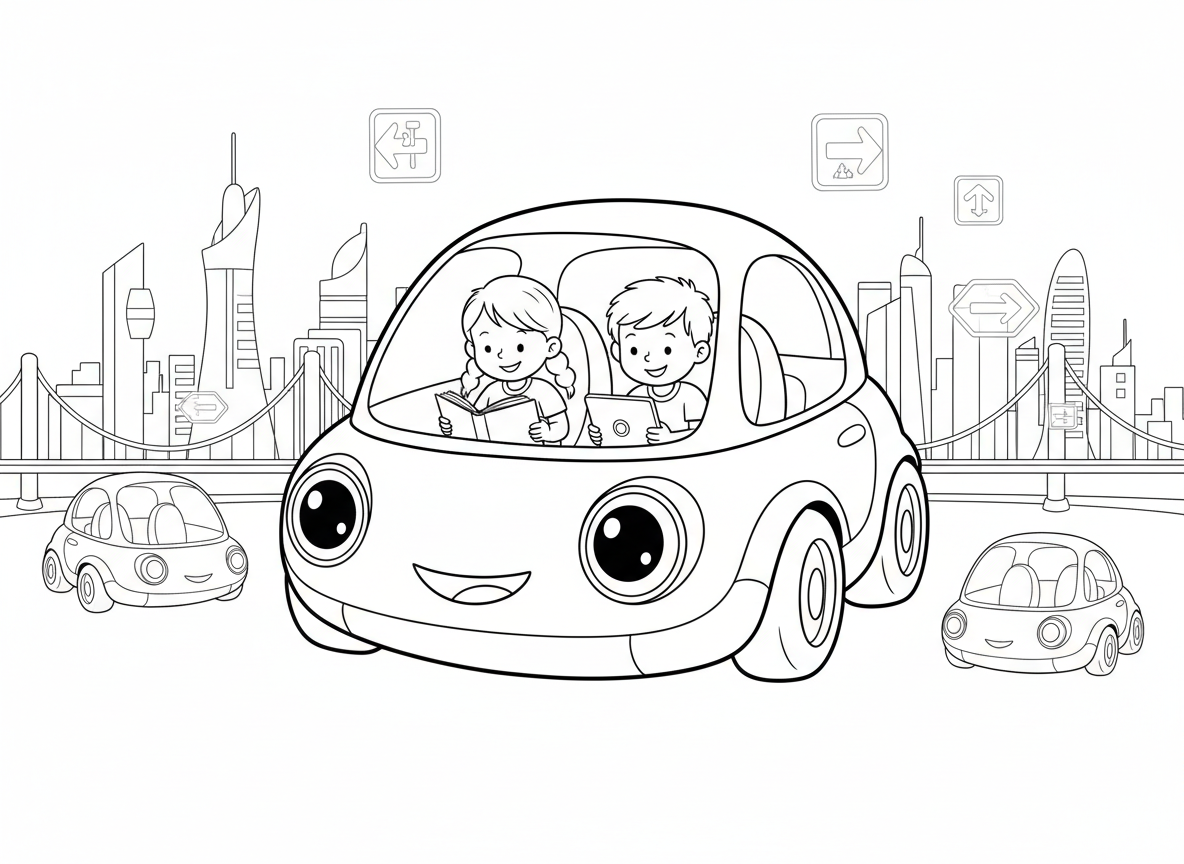 מכונית רובוט עתידנית - מכונית רובוט אוטונומית עתידנית עם עיני לד ידידותיות, בלי הגה בפנים, נוסעים קוראים ומשחקים, טסה ליד מכוניות מרחפות אחרות, עיר עתידנית, שלטי תנועה הולוגרמיים