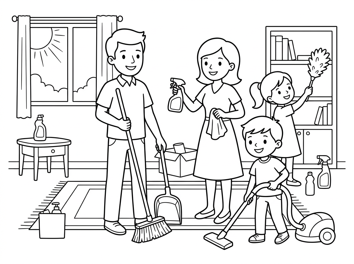 אני רוצה דף צביעה לילדים בגיל 5 עד 9 בנושא של חג פסח. הורים ילדים מנקים את הסית לחג פסח