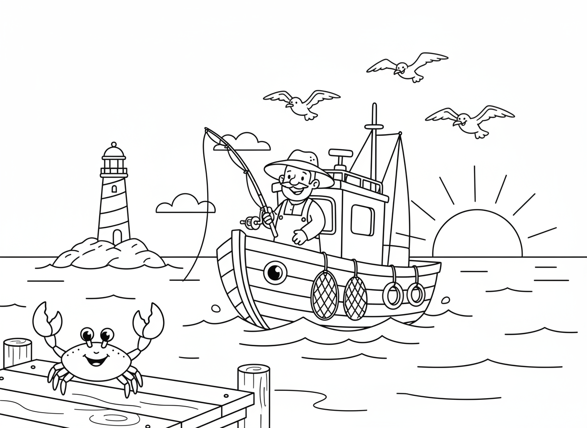סירת דייגים בזריחה - סירת דייגים קטנה יוצאת לים בזריחה, דייג עם כובע וחכה, רשתות תלויות, שחפים עוקבים, מגדלור במרחק, מים שקטים משקפים שמיים, סרטן על הרציף מנופף לשלום