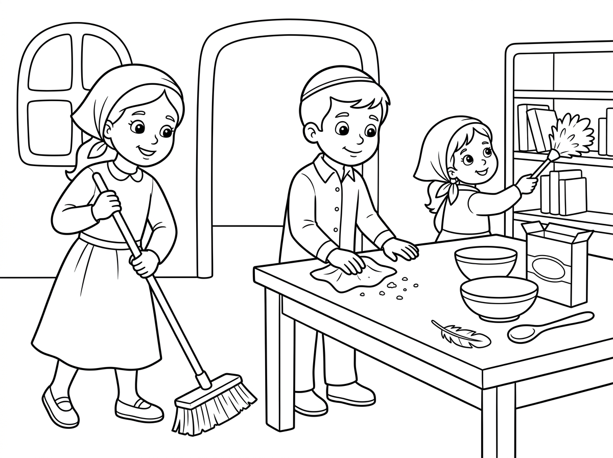 תעשה לי דף צביעה של ילדים דתיים מנקים את הבית לפסח