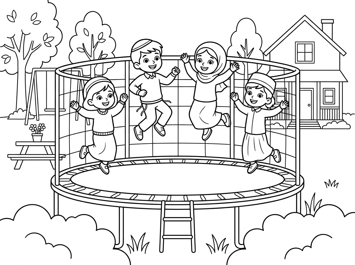 תעשה לי דף צביעה של ילדים דתיים קופצים במקפצה בחצר של הבית