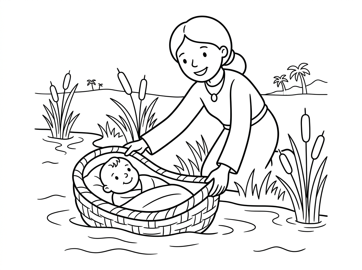 דף צביעה של בניה מוציאה את מושה מהמים עם יד ארוכה