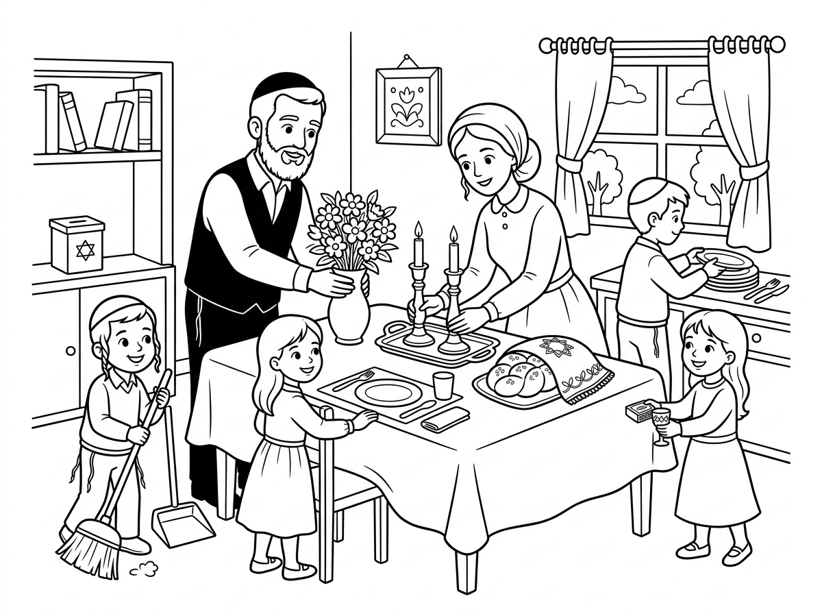 הי בבקשה תכין לי ציור של משפחה חרדית, אבא אמא 2 בנים ו2 בנות מתכוננים לשבת, עורכים שולחן, שוטפים רצפת , שמים פרחים על השולחן, נרות וילות, שיהיו הרבה פריטים בציור