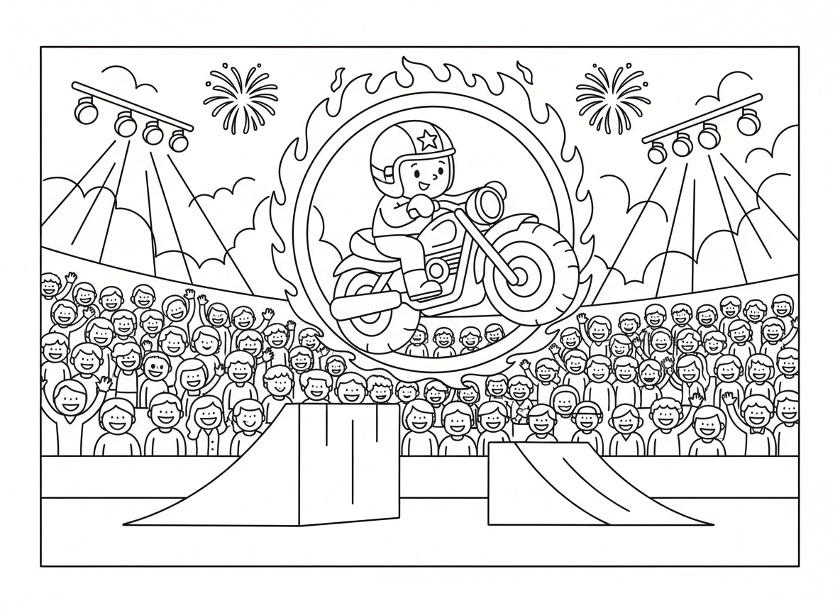 מופע פעלולי אופנועים - אופנוע עושה קפיצה מדהימה דרך טבעת אש, רוכב עם קסדה מגניבה, קהל משתולל, רמפה למטה, רמפת נחיתה מלפנים, זרקורים, זיקוקים, אצטדיון מלא אוהדים