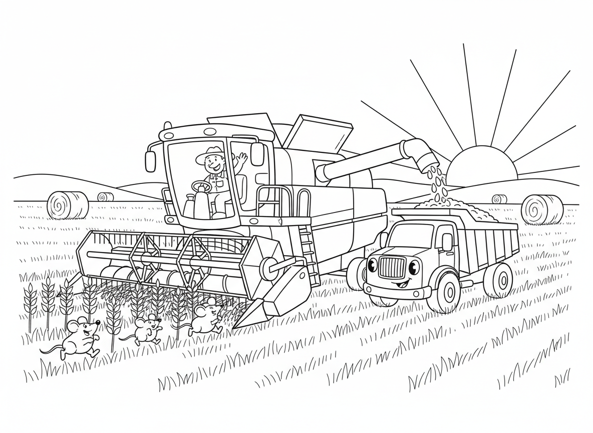 קומביין בשדה חיטה - קומביין גדול עובד בשדה חיטה זהוב, חותך חיטה, תבואה נשפכת למשאית לצד, חקלאי בתא, עכברים בורחים מהחיטה, שקיעה, חבילות חציר מפוזרות, שדה פתוח עצום