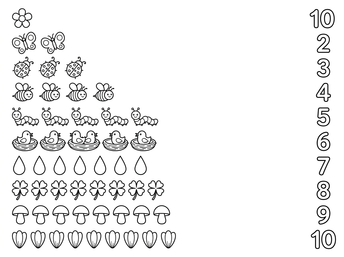 תיצור לי דף של התאמת כמות לספרה 1-10 בנושא האביב