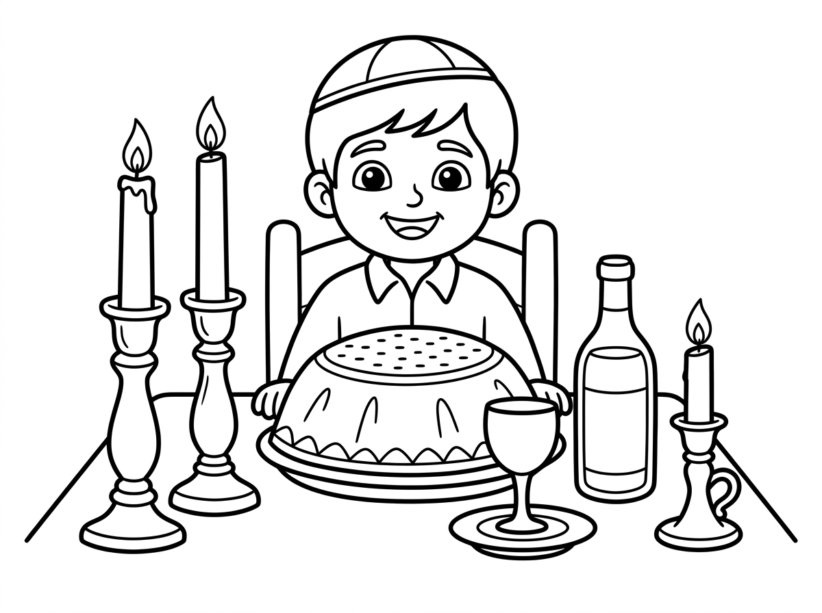תיצור דף צביעה לגיל 4: 
ילד חב״ד יושב ליד שלחן ליל הסדר, עם כיסוי למצות מולו על השלחן, יש לו גביע בלי רגל על לוחית קטנה, ובקבוק מיץ ענבים על השלחן. גם כן יש על השלחן 2 נרות עם פמוטים גדולים ונר אחד עם פמוט קטן. הילד כובש כיפה. אשלח תמונה של ילד שאפשר ליצור מזה דף צביעה