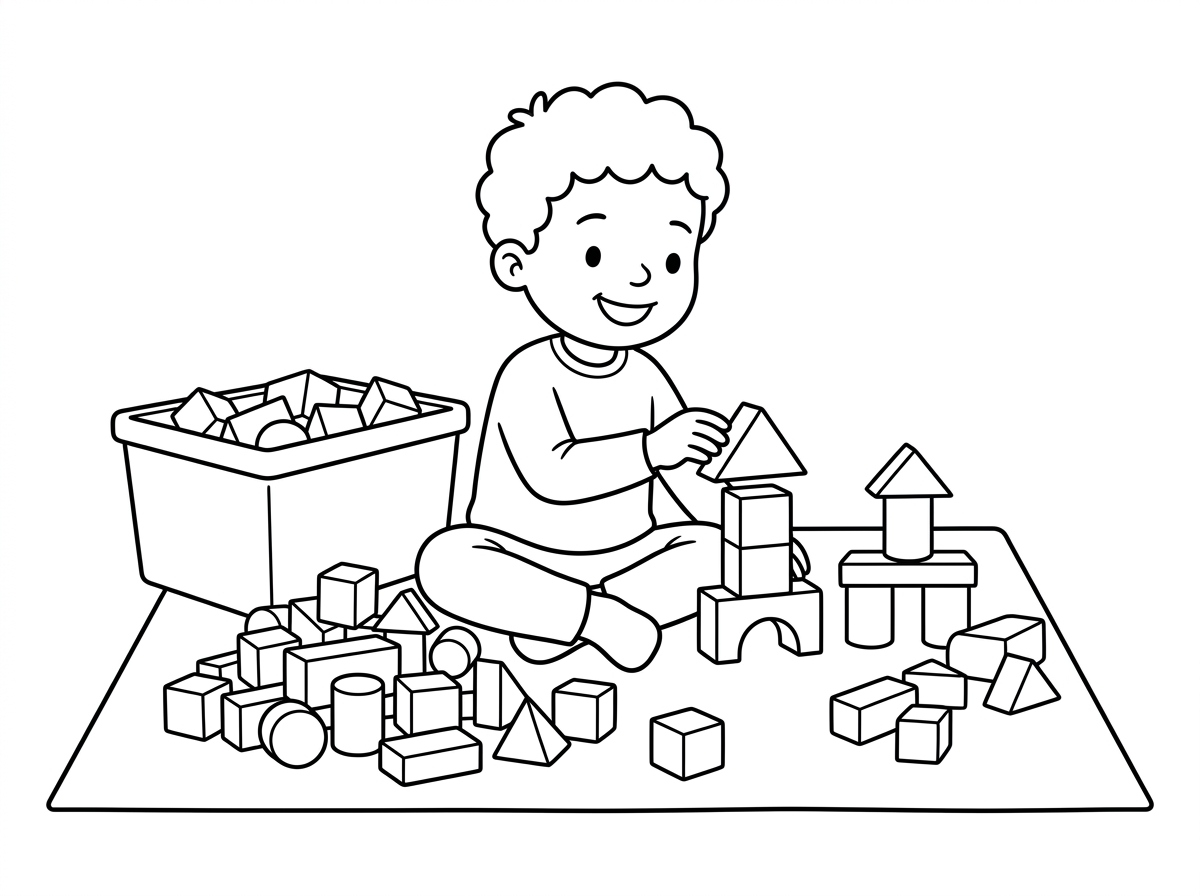 תיצור דף צביעה של ילד שיושב ובונה משחק קוביות