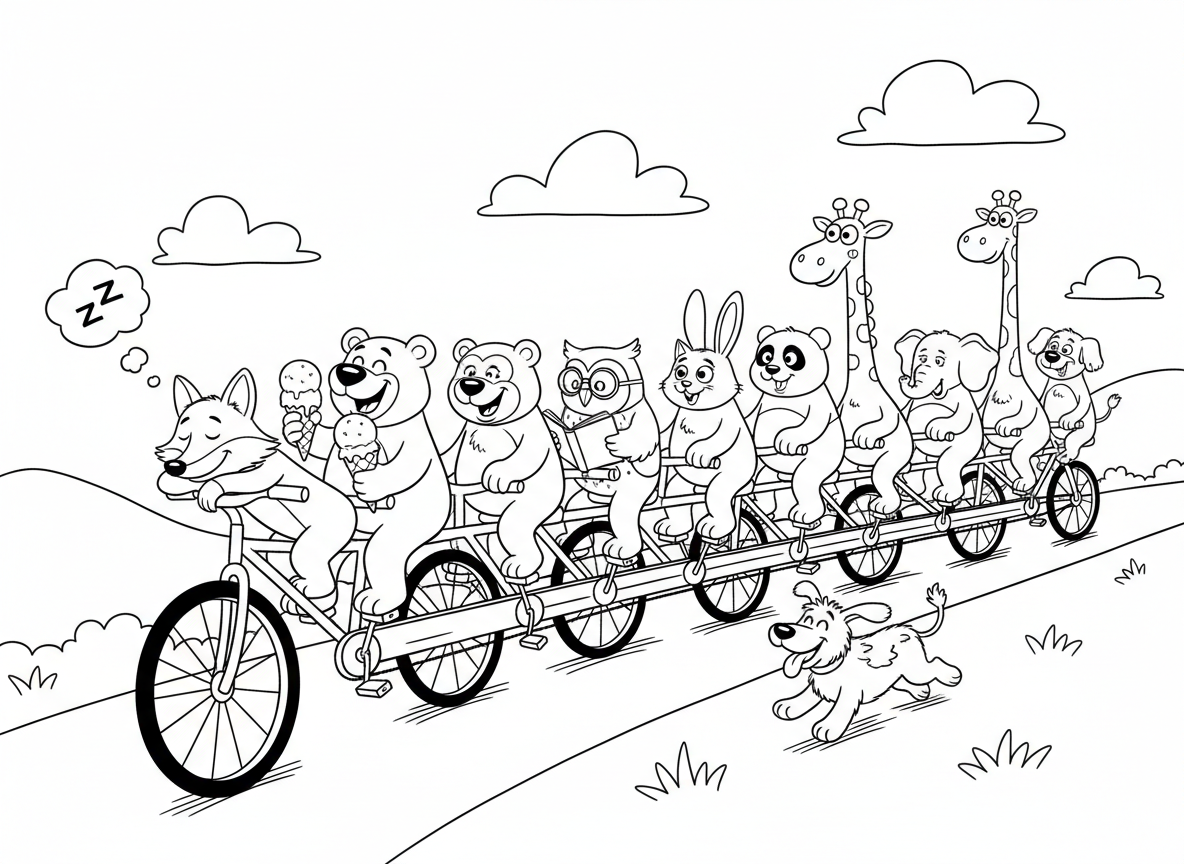 אופניים זוגיים בנויים לעשרה - אופניים זוגיים ארוכים בצורה מגוחכת עם עשרה מושבים, דמויות מצחיקות שונות רוכבות, אחד נרדם, אחד אוכל גלידה, אחד קורא ספר, אופניים מתנדנדים, כלב רץ לצד, כביש גבעות