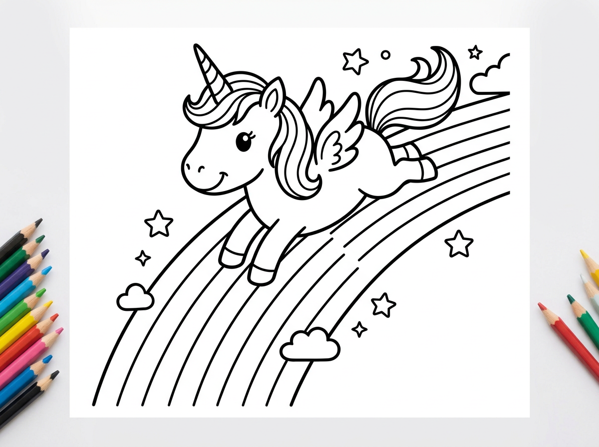 תיצור לי דף צביעה של חד קרן מתגלשת על קשת