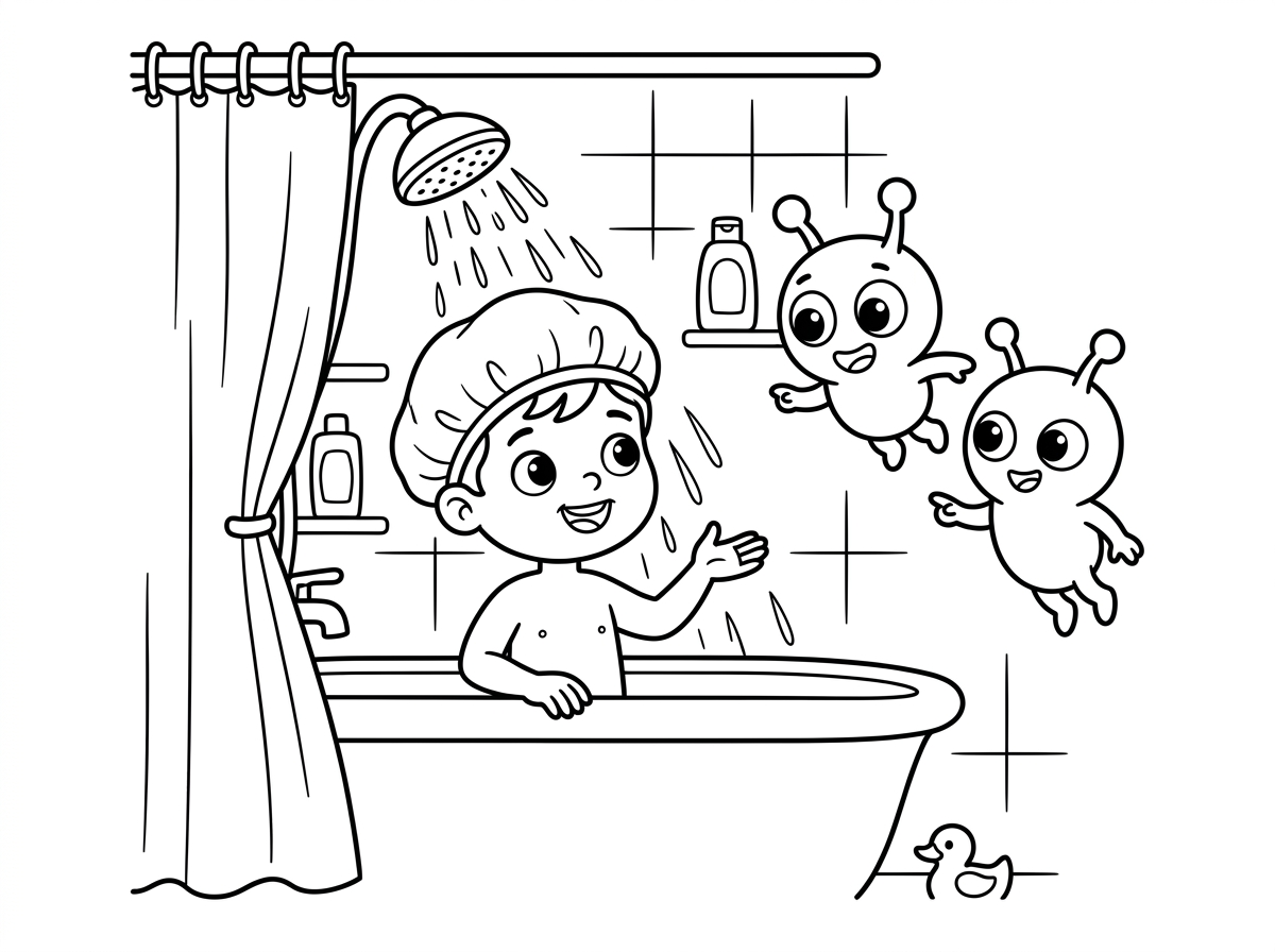 תיצור לי דף צביעה של ילד במקלחת מדבר עם חייזרים