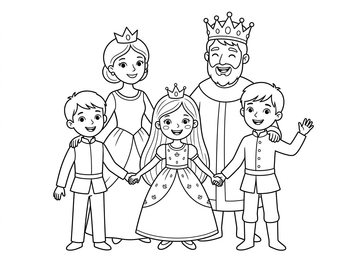 צייר את הנסיכה נינה ילדה בערך בת 8 עם שיער חלק ארוך ושני האחים שלה קצת יותר גדולים ממנה, אמא ואבא שכל כך אוהבים אותה