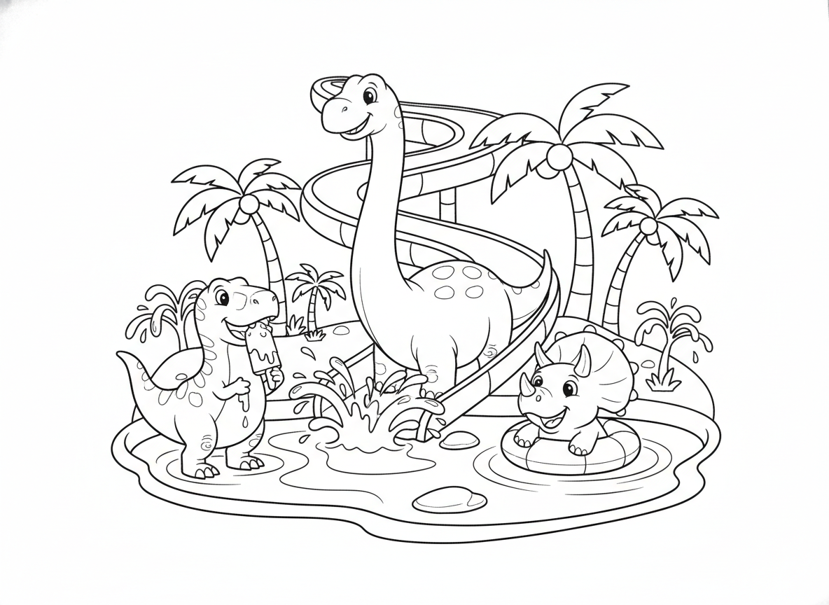 פארק מים לדינוזאורים
ברונטוזאור במגלשה, טריצרטופס עם גלגל ים, וטירקס שמנסה לאכול ארטיק בלי להפיל אותו.