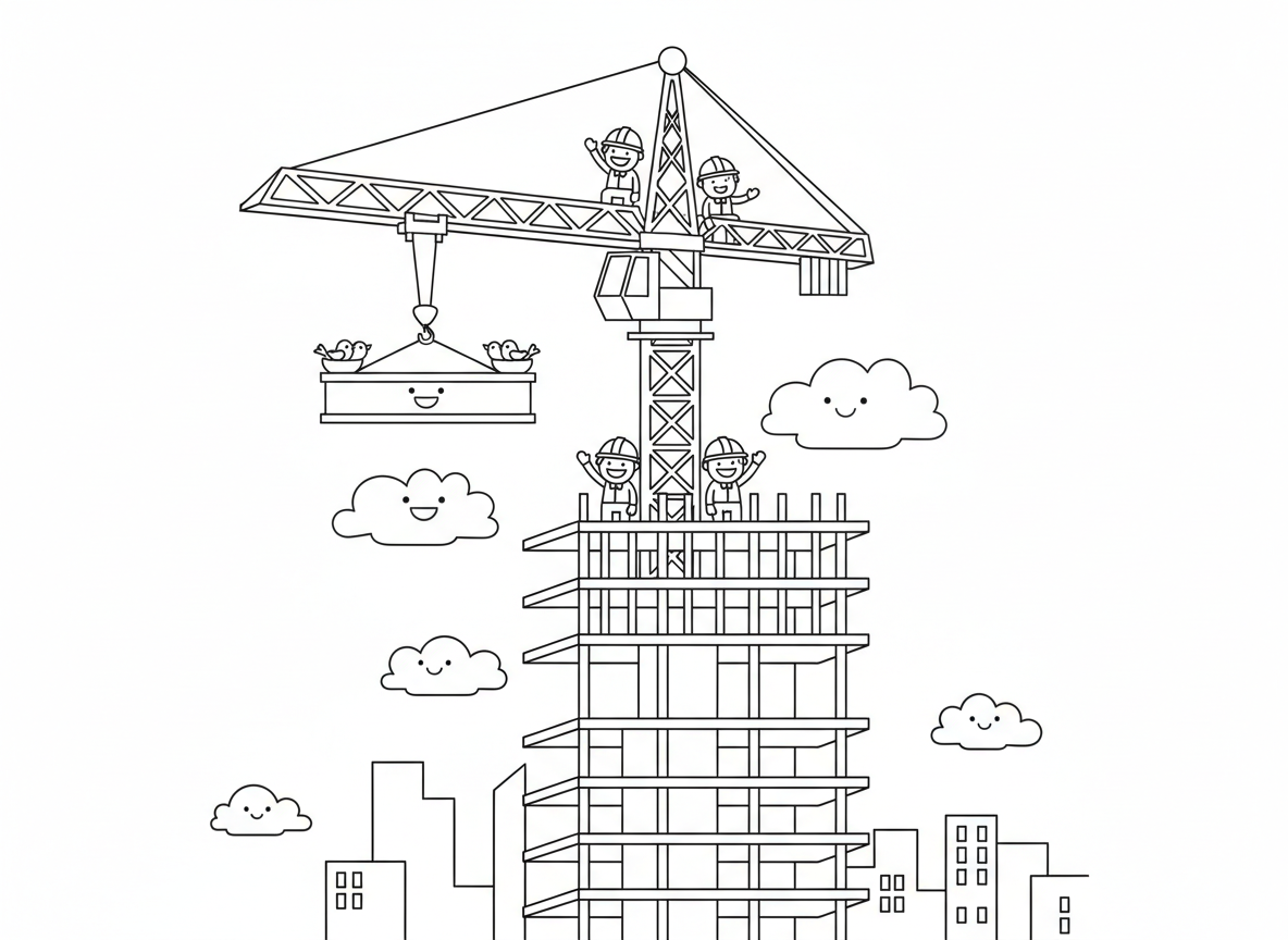 מנוף בונה גורד שחקים - מנוף בנייה גבוה מרים קורות פלדה לראש גורד שחקים הנבנה, פועלים על פיגומים, קו רקיע עירוני, עננים בגובה המנוף, ציפורים מקננות על זרוע המנוף, קסדות