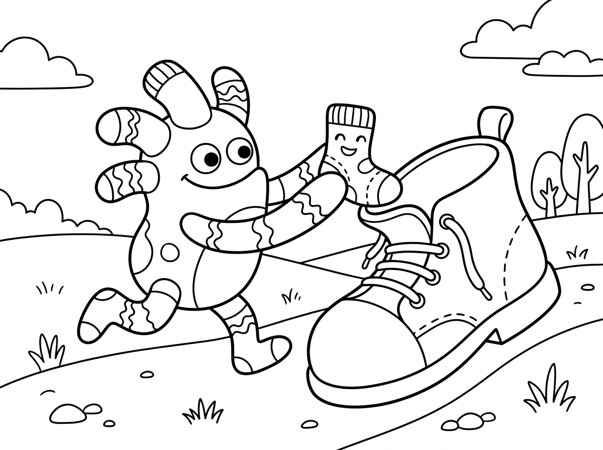 מפלצת גרביים שרודפת אחרי הילד שלה שעשוי מגרביים ומכניסה אותו לתוך נעל ענקית.