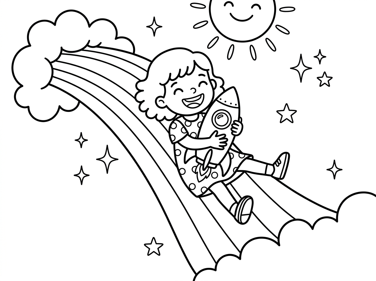 A girl with a dress. sliding down a rainbow holding tightly onto a cute small cool rocket 🚀.  A big smile on her face.