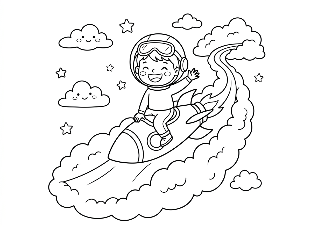 Turn her into a boy riding on the rocket sliding down a slide made of clowds