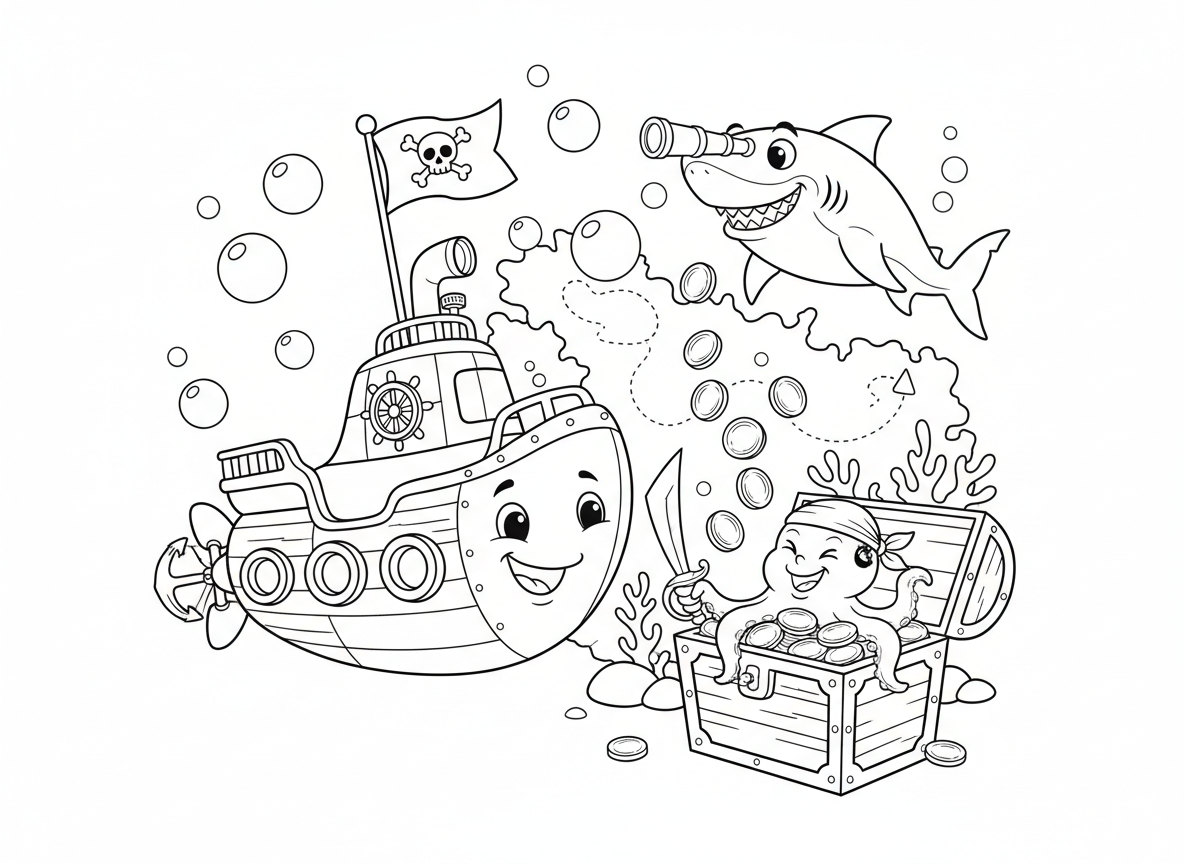 צוללת פיראטים בציד אוצרות תת-ימי - צוללת מקושטת כספינת פיראטים חוקרת מתחת למים, דגל גולגולת על פריסקופ, תיבת אוצר מזוהה, תמנון שומר, כריש תצפית, מפת שונית אלמוגים, מטבעות זהב צפים