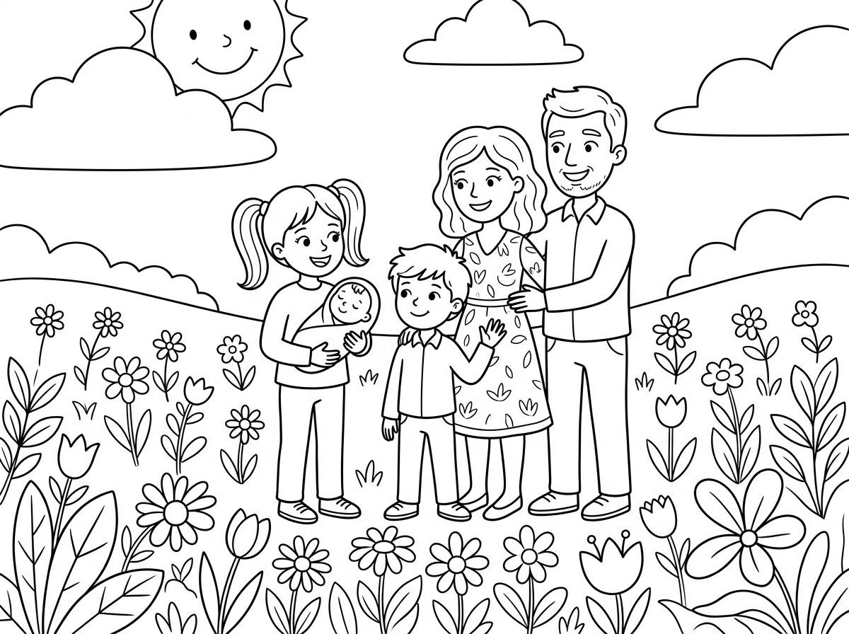 צייר את עופרי, ילדה בת 10 מחזיקה תינוק קטן  ולידה אח גדול יותר ושני הורים בשדה פרחים