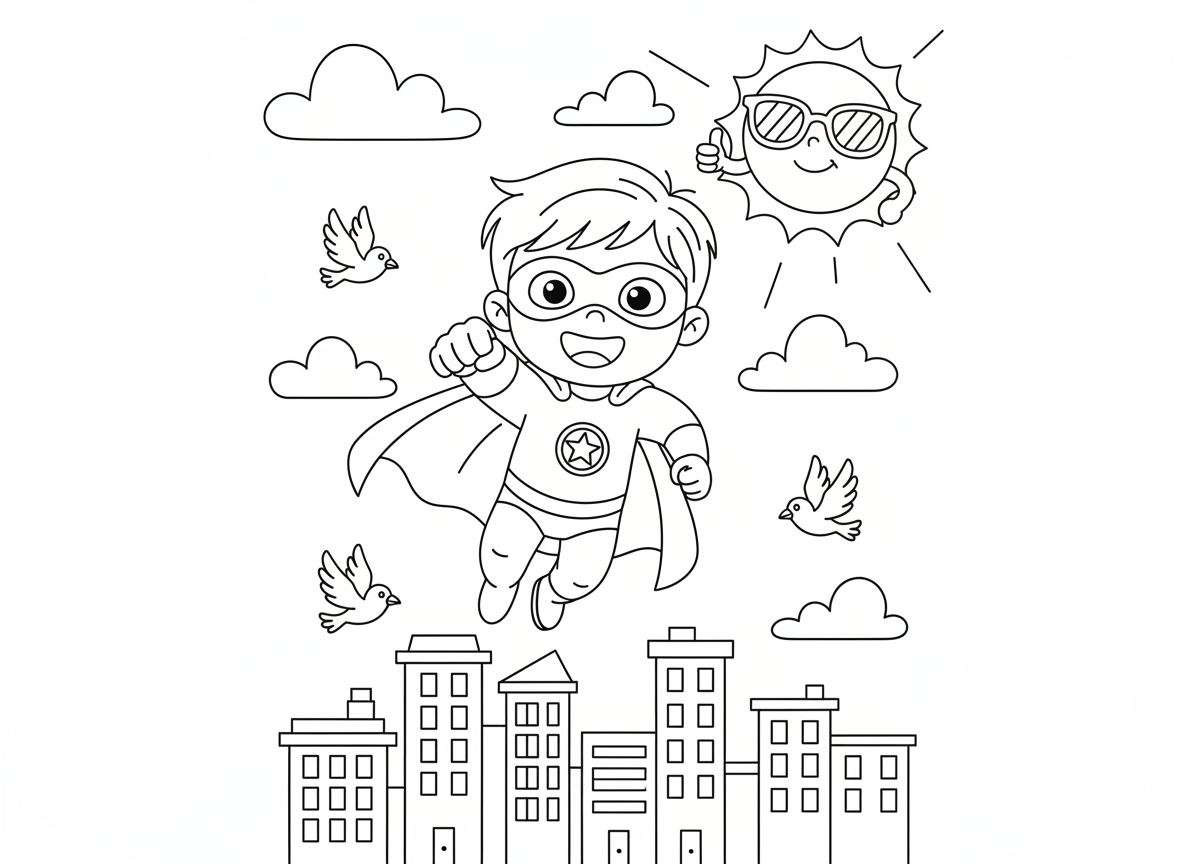 ילד גיבור על עף מעל העיר - ילד גיבור על צעיר עם גלימה ומסכה עף מעל עיר מצוירת, אגרוף קדימה, חיוך גדול, בניינים למטה, עננים מסביב, ציפורים עפות לצד, שמש עם משקפי שמש מעודדת