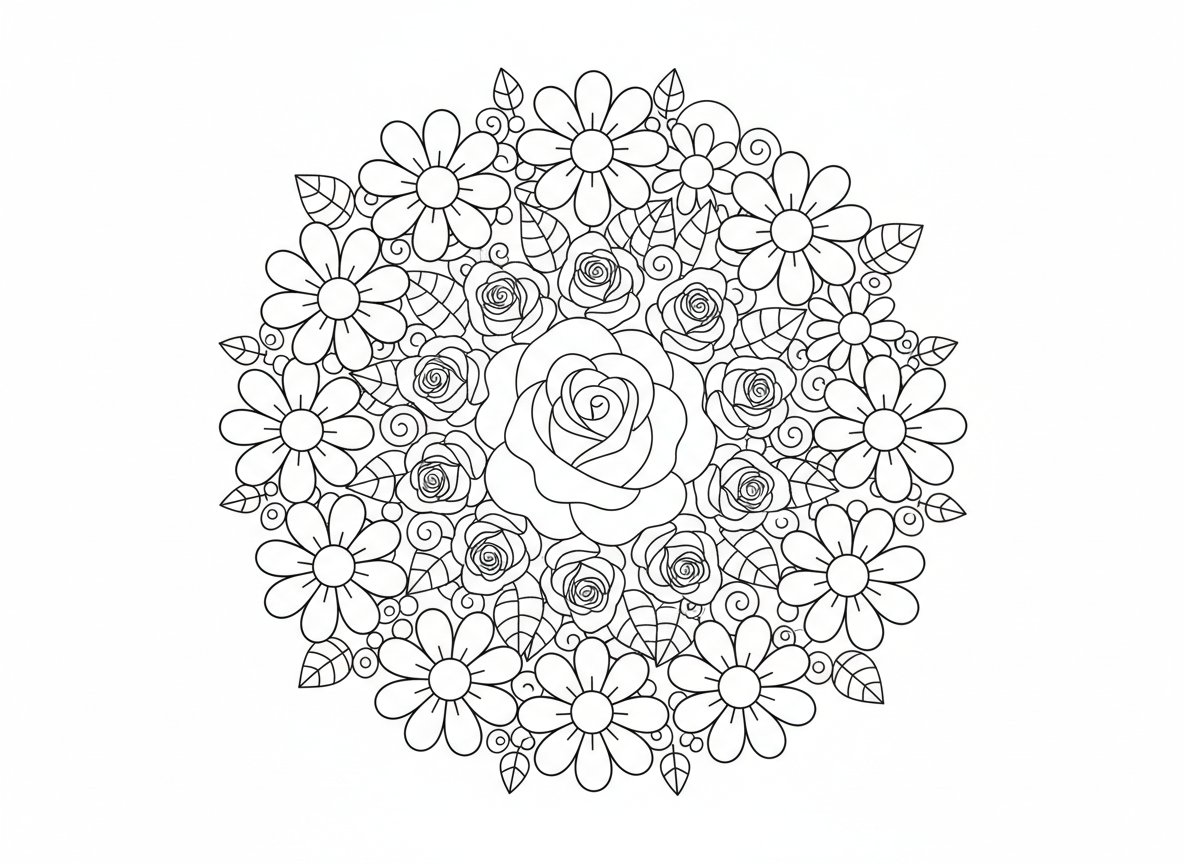 מנדלת פרחים עם ורדים וחינניות - דוגמת מנדלה עגולה עשויה ורדים במרכז מוקפת בטבעות חינניות, עלי כותרת מקרינים החוצה בשכבות סימטריות, עלים ממלאים רווחים, רמת פירוט מורכבת אך ידידותית לילדים